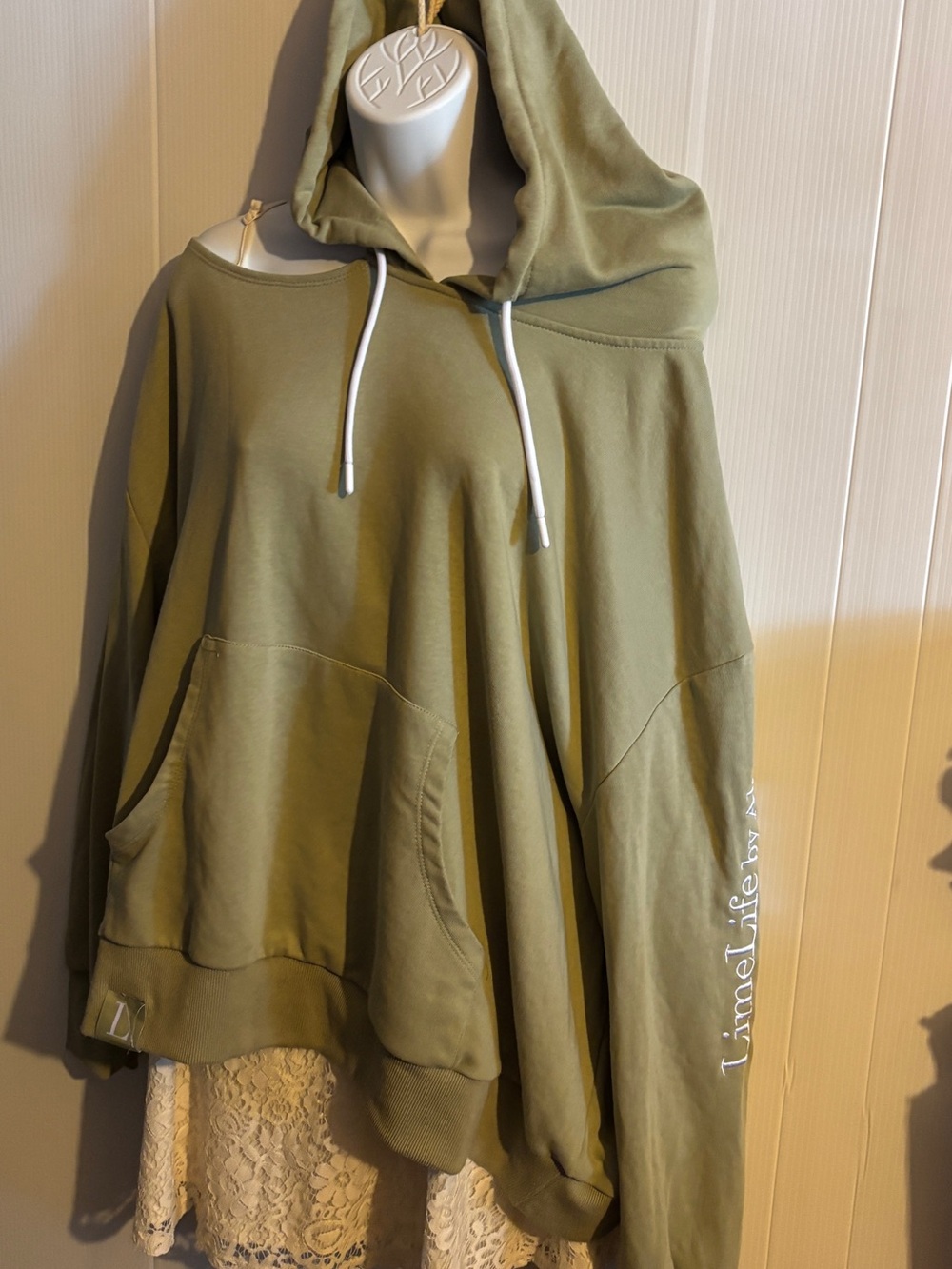 Limelife by alcone Olive Green Oversized Hoodie Sweater with one open shoulder